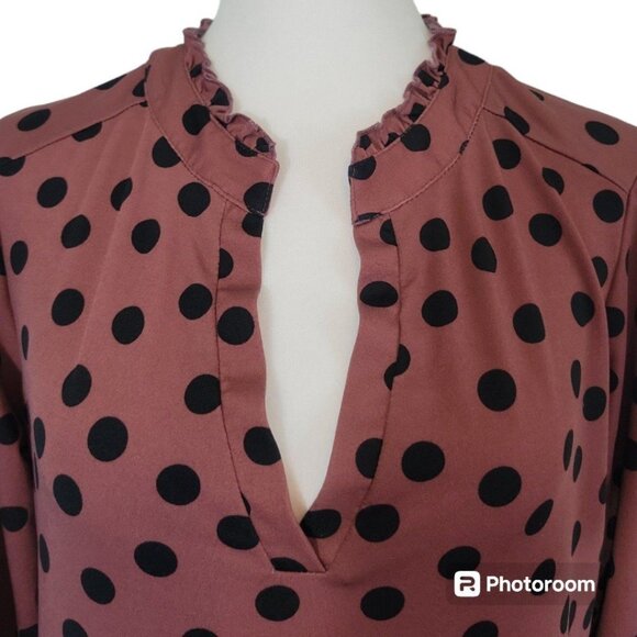 Womens Perception Conception 3/4 Sleeve Maroon & Black Polka Dot Ruffled Blouse - Picture 2 of 9